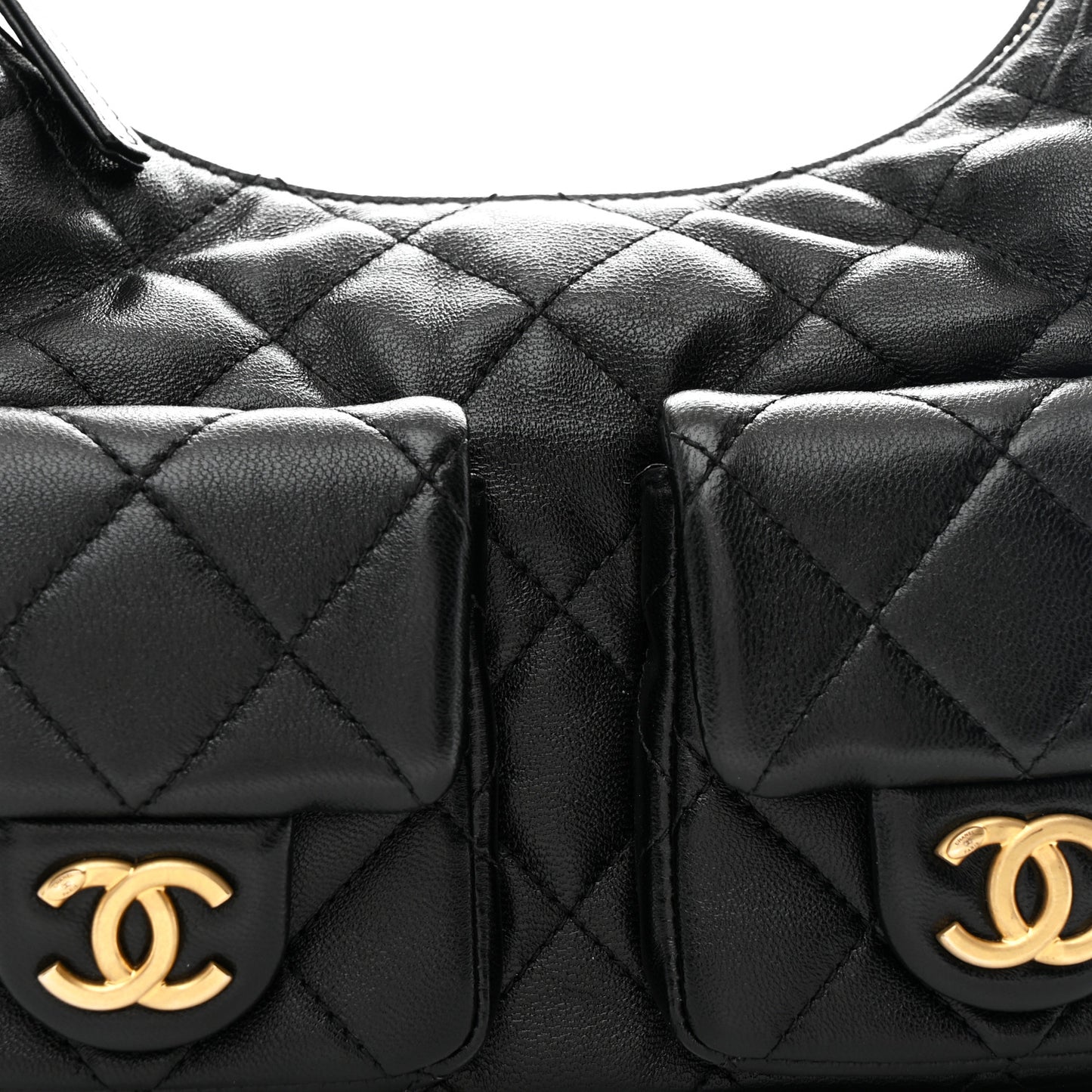 Shiny Lambskin Quilted Trendy Pockets Hobo Black