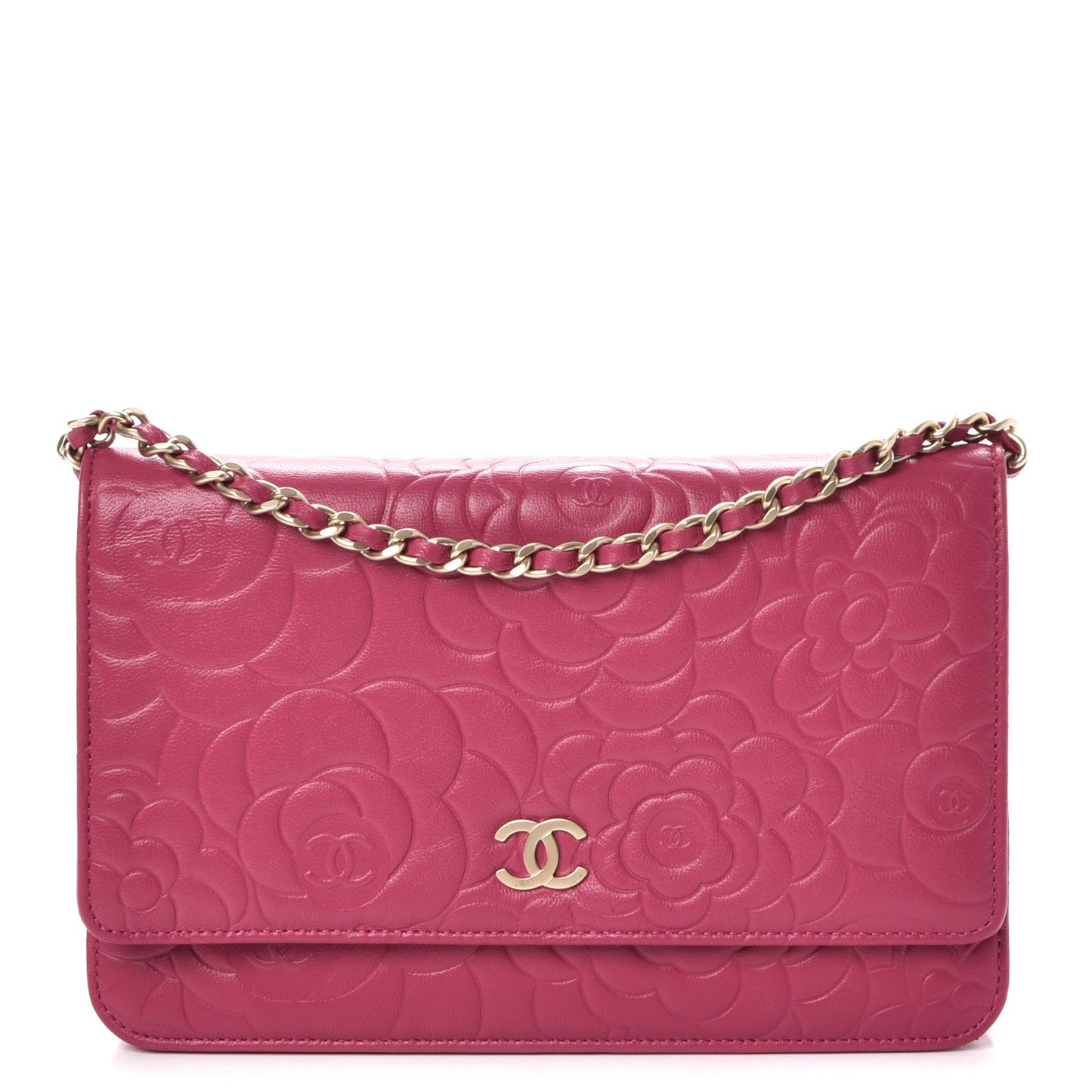 Lambskin Camellia Embossed Wallet on Chain WOC Fuchsia