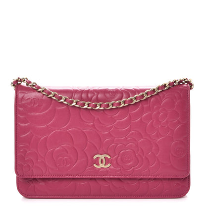 Chanel Lambskin Camellia Embossed Wallet on Chain WOC Fuchsia 1 of 9