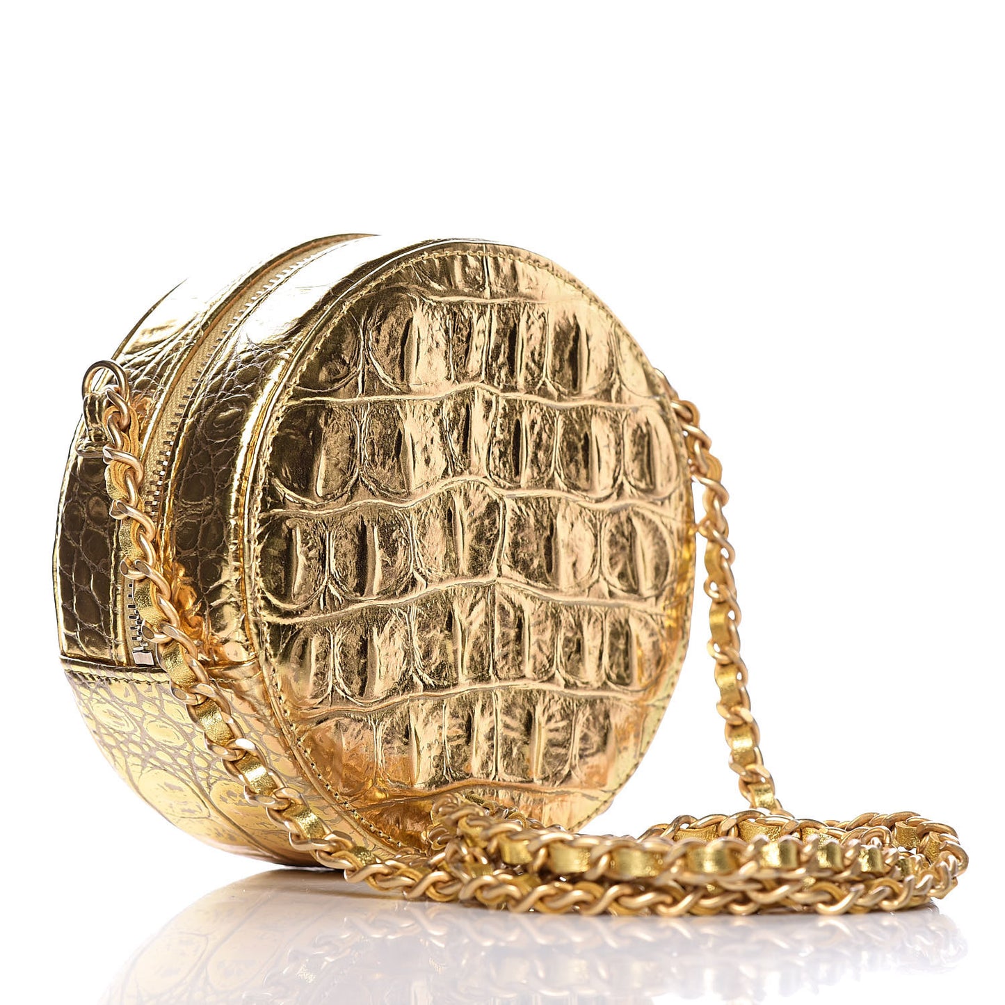 Metallic Calfskin Crocodile Embossed Cocodile Round Clutch with Chain Gold