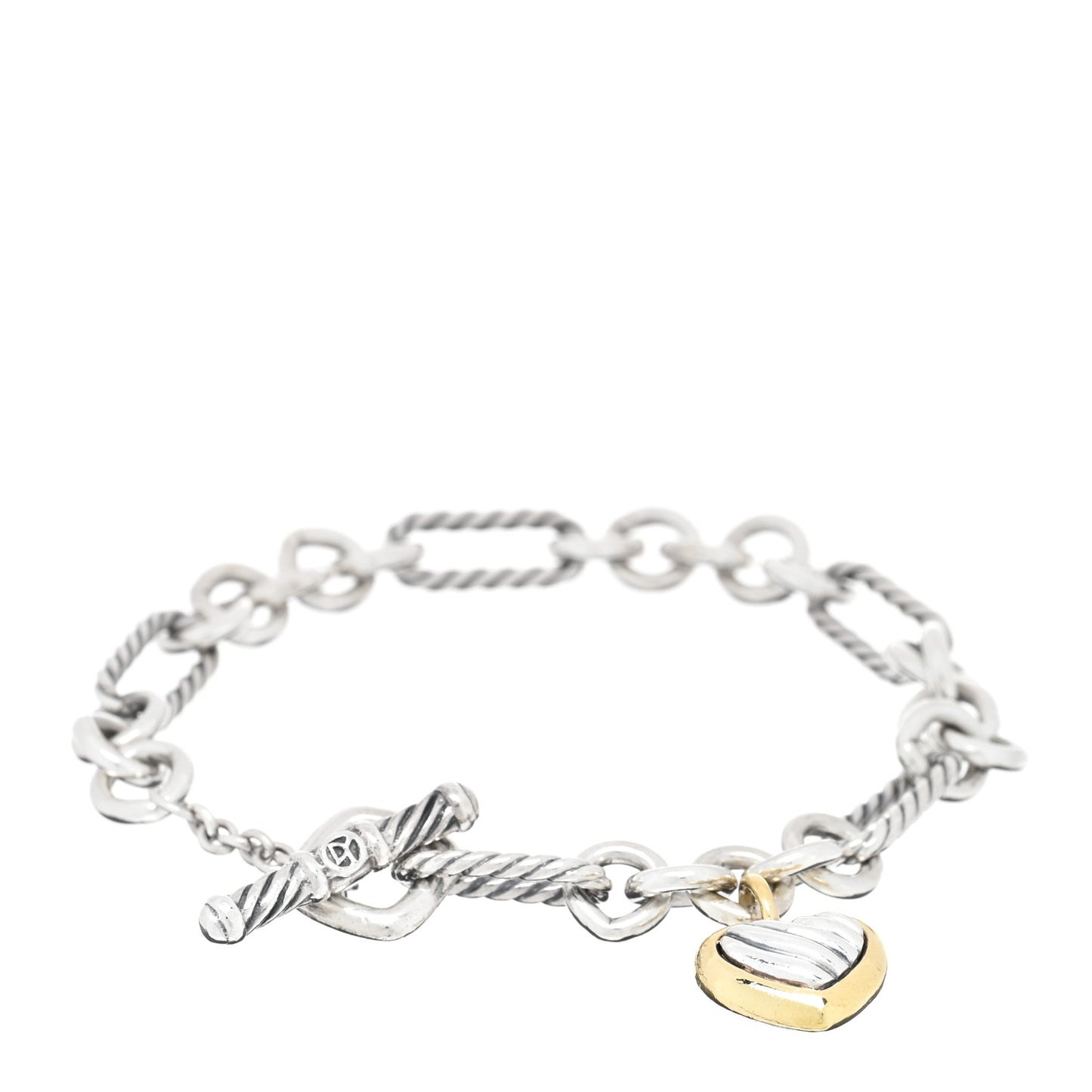 Sterling Silver 18k Yellow Gold Cable Heart Charm Bracelet