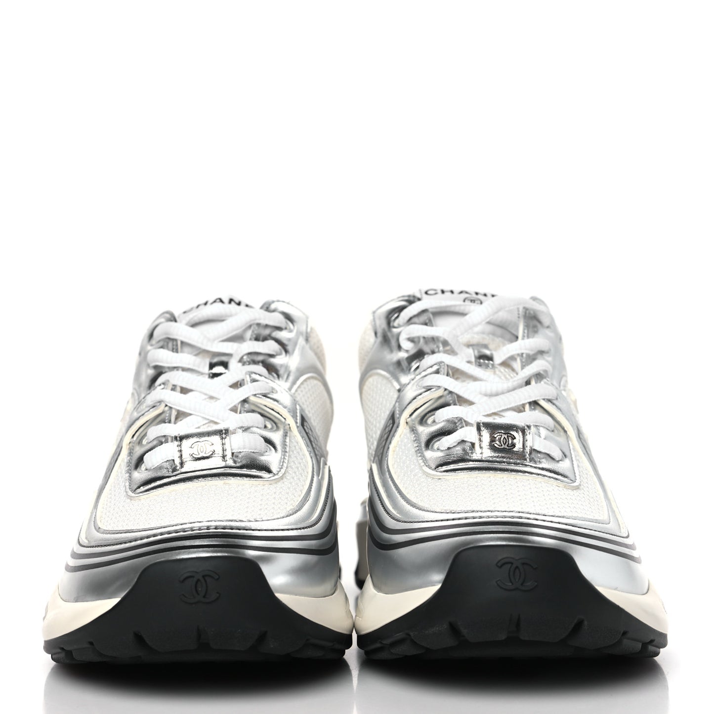 Fabric Laminated Calfskin Stretch CC Womens Sneakers 39.5 White Silver
