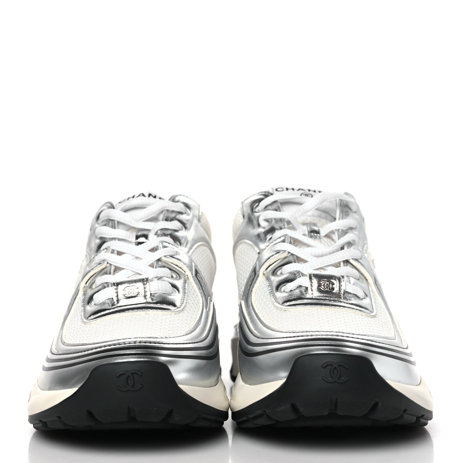 Chanel Fabric Laminated Calfskin Stretch CC Womens Sneakers 39.5 White Silver 2 of 9