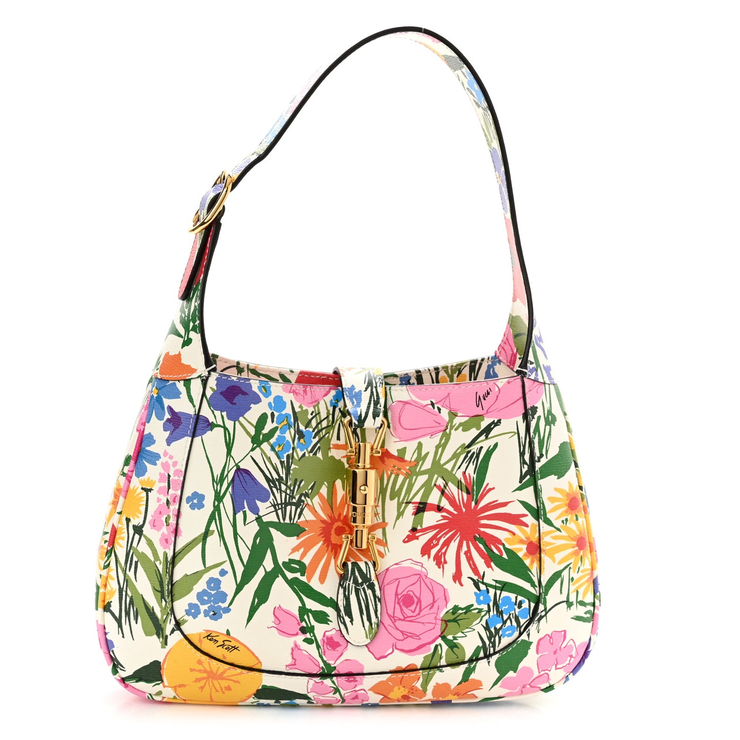 X KEN SCOTT New Shangai Calfskin Jardin D'Avril Floral Print Small Jackie 1961 Hobo Ivory Pink