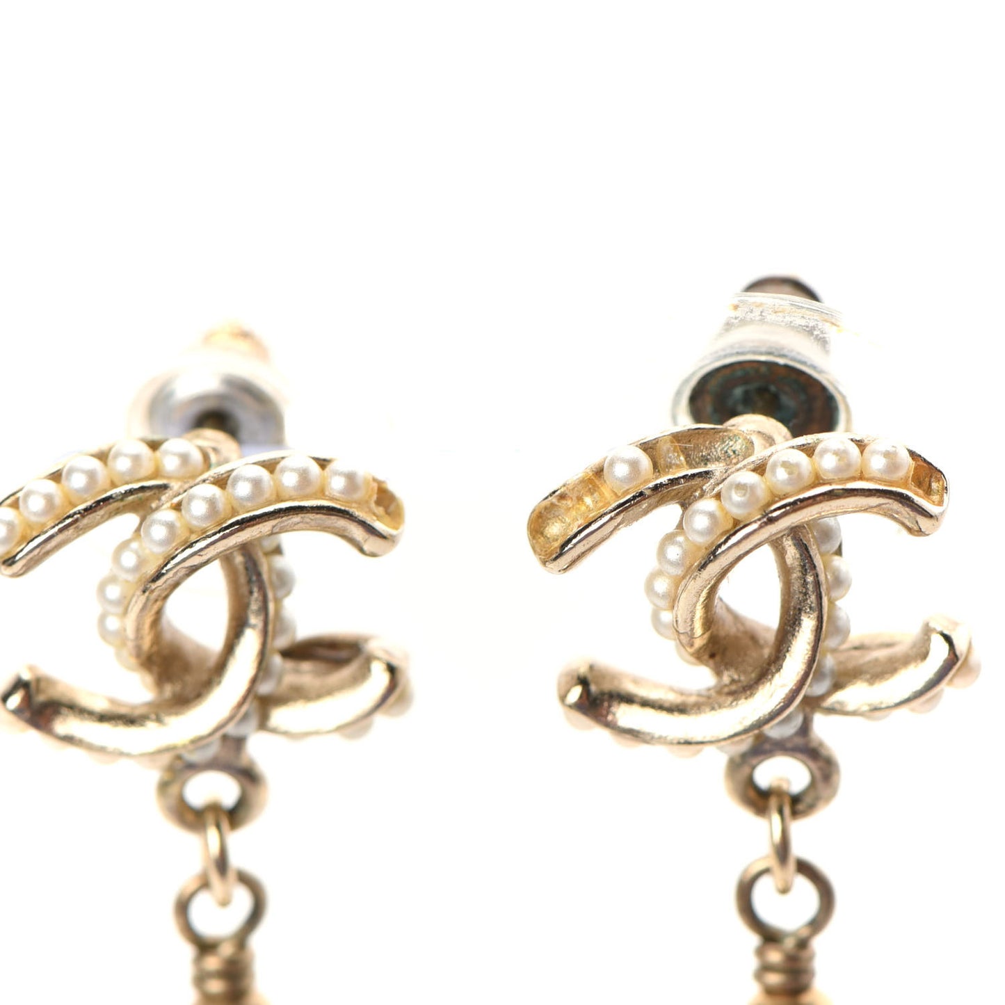 Pearl Twisted CC Drop Earrings Light Gold White