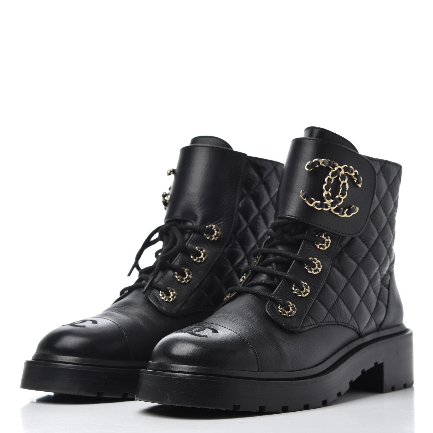 Chanel Shiny Goatskin Calfskin Quilted Lace Up Combat Boots 38.5 Black 3 of 14