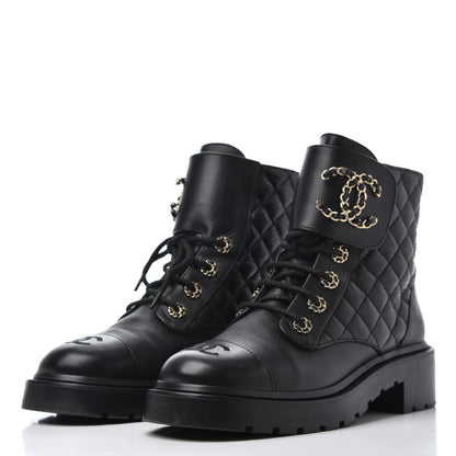 Chanel Shiny Goatskin Calfskin Quilted Lace Up Combat Boots 38.5 Black 3 of 14