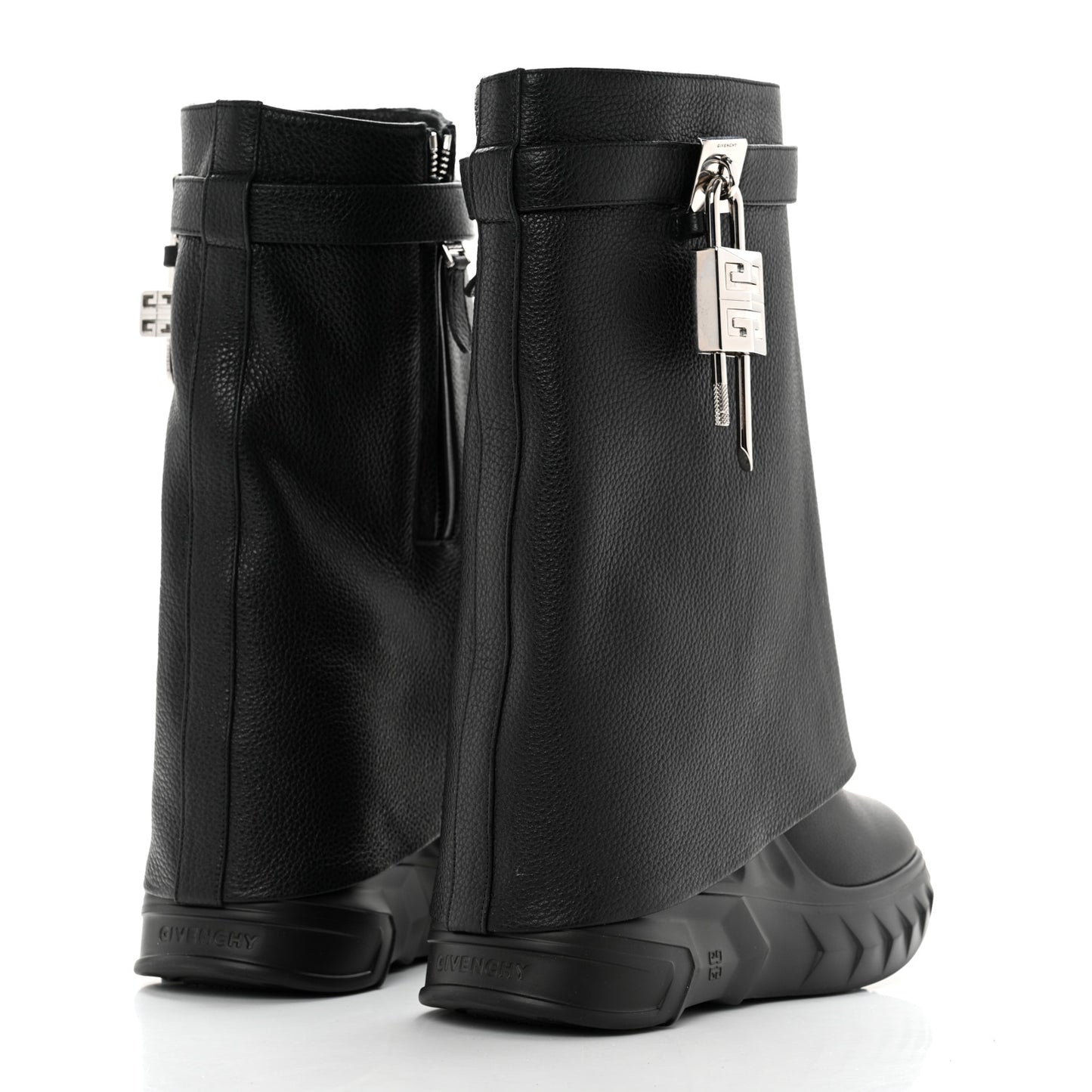 Grained Calfskin Shark Lock Biker Ankle Boots 39 Black