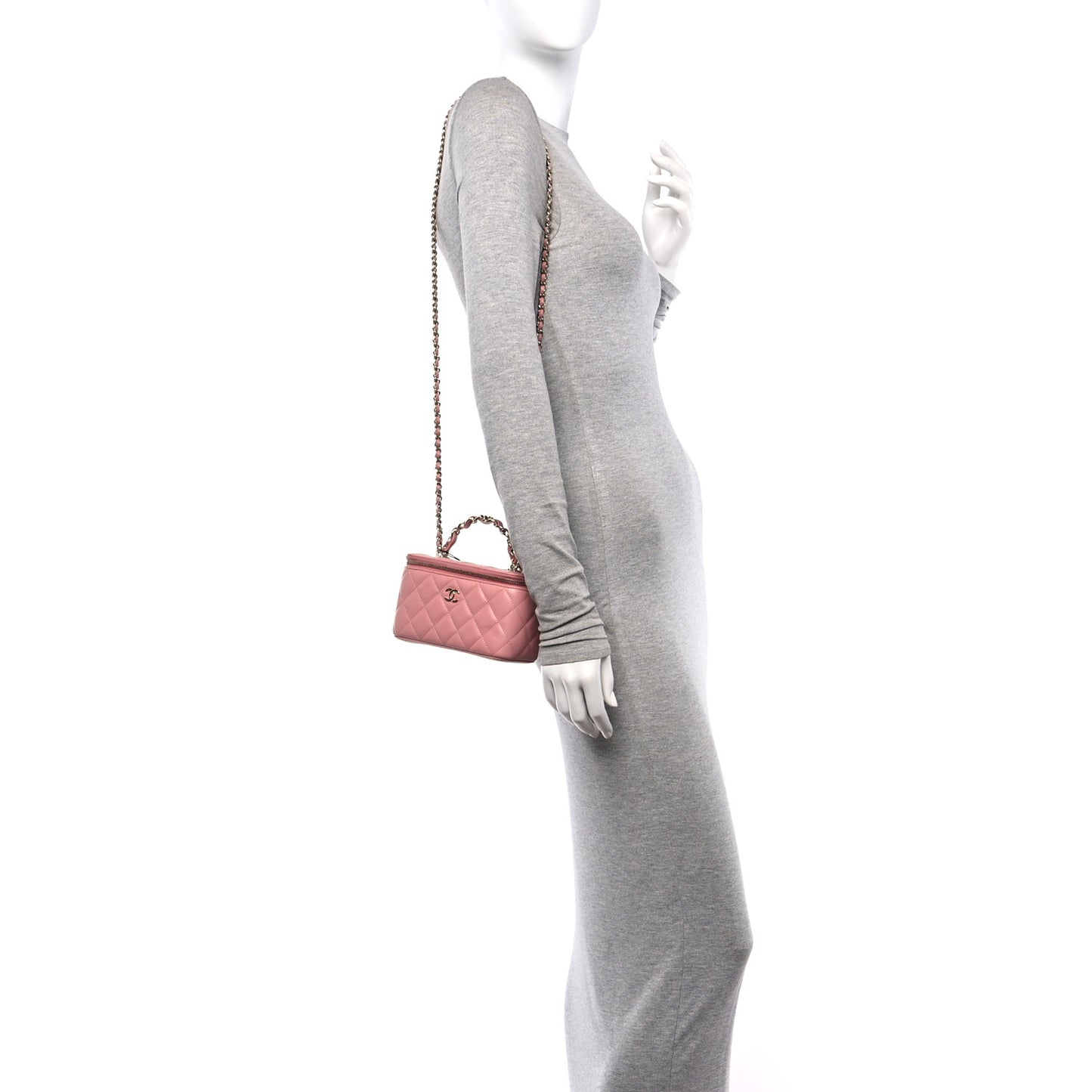Lambskin Quilted Small Top Handle Vanity Case With Chain Light Pink