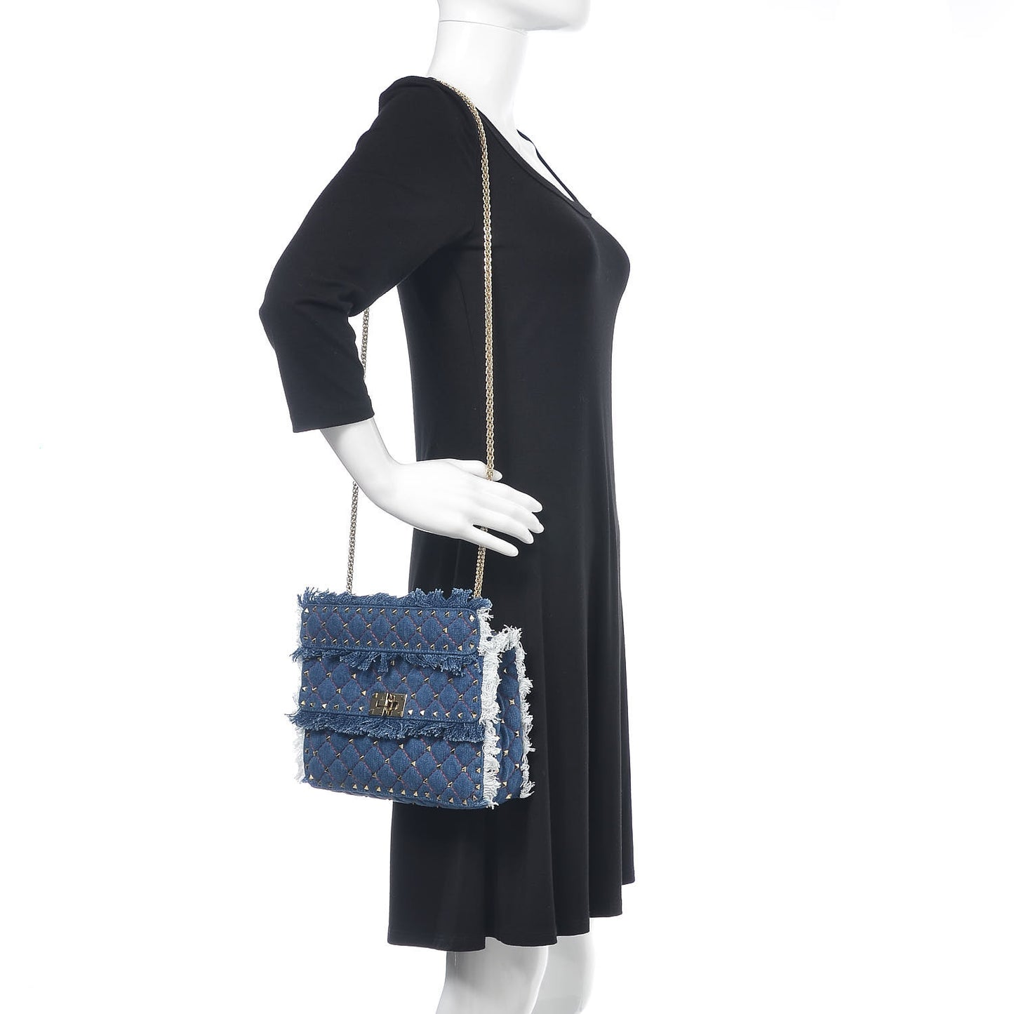 Denim Fringe Medium Rockstud Spike Shoulder Bag Blue