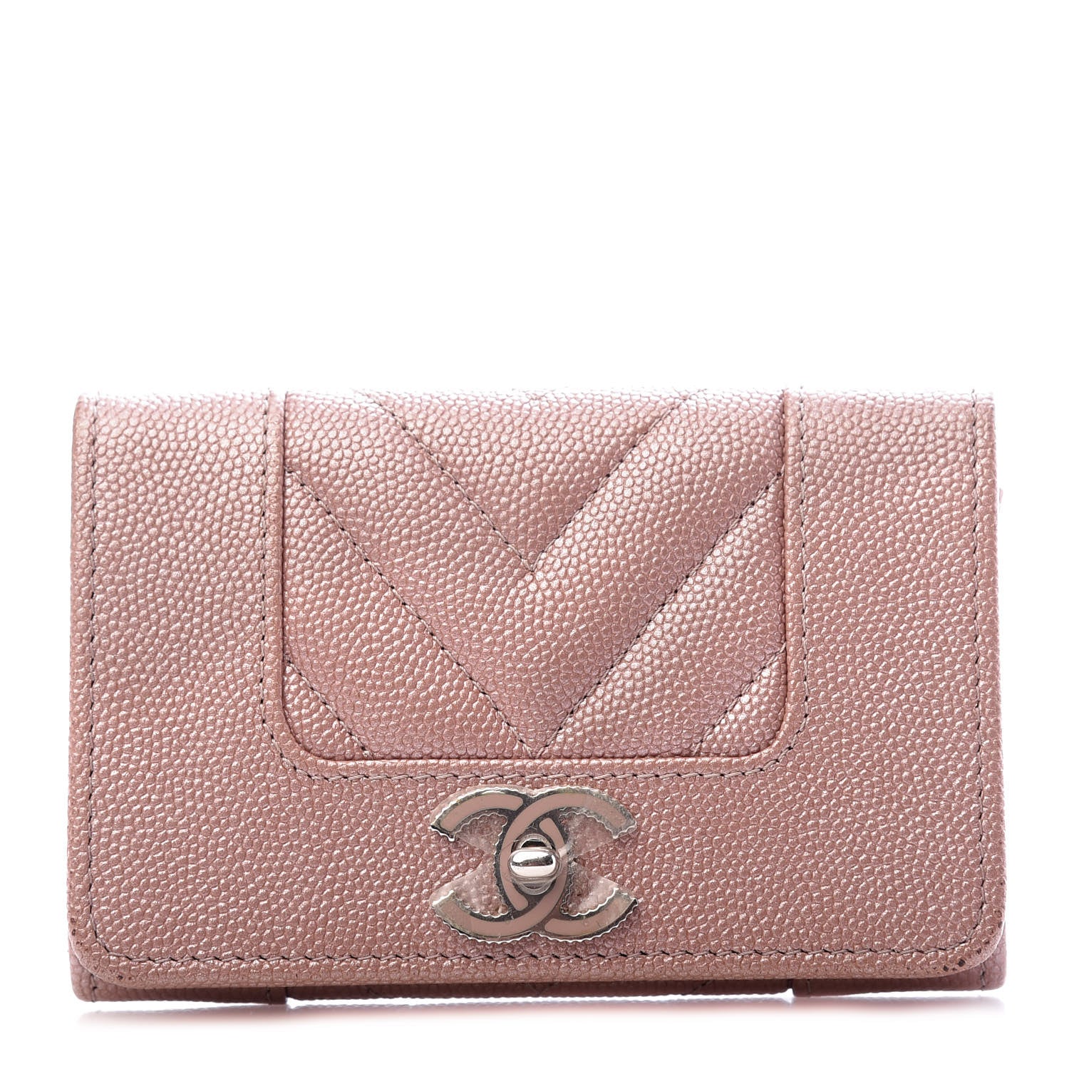 Chanel Metallic Caviar Chevron Quilted Vintage Mademoiselle Flap Card Holder Pink 1 of 9