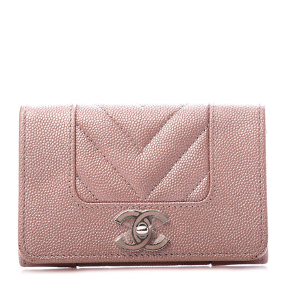 Chanel Metallic Caviar Chevron Quilted Vintage Mademoiselle Flap Card Holder Pink 1 of 9