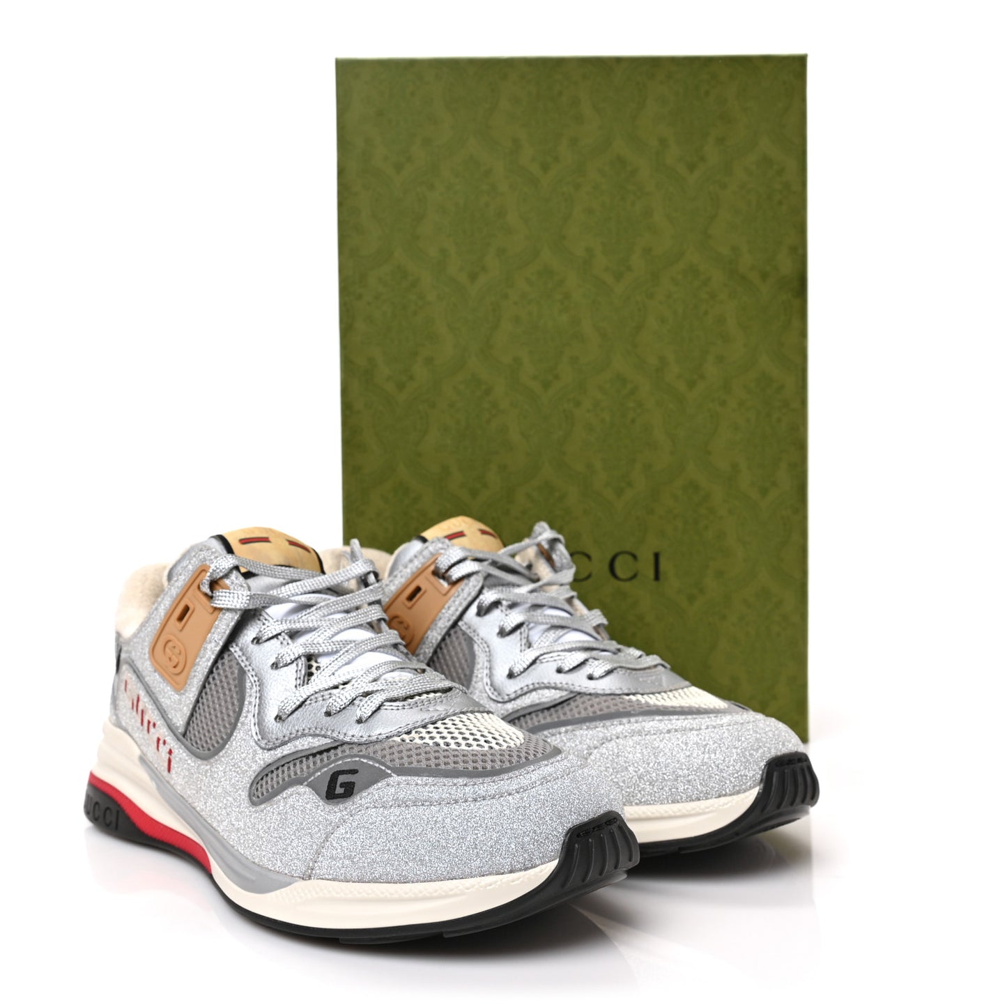 Metallic Calfskin Glitter Mesh Womens Ultrapace Sneakers 8 Silver Light Grey Mystic White