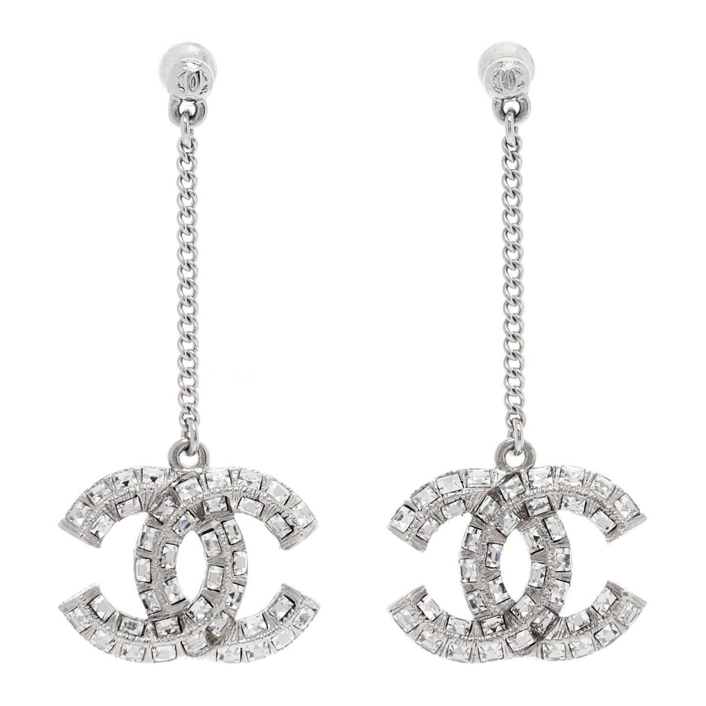 Baguette Crystal CC Drop Earrings Silver