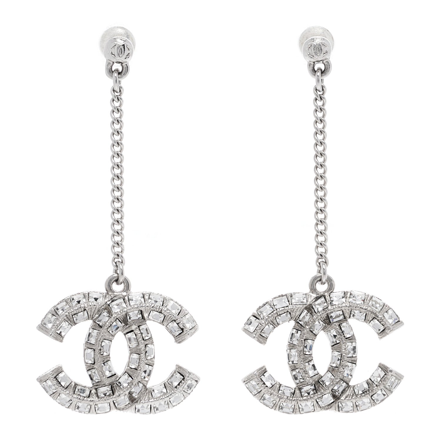 Chanel Baguette Crystal CC Drop Earrings Silver 1 of 3