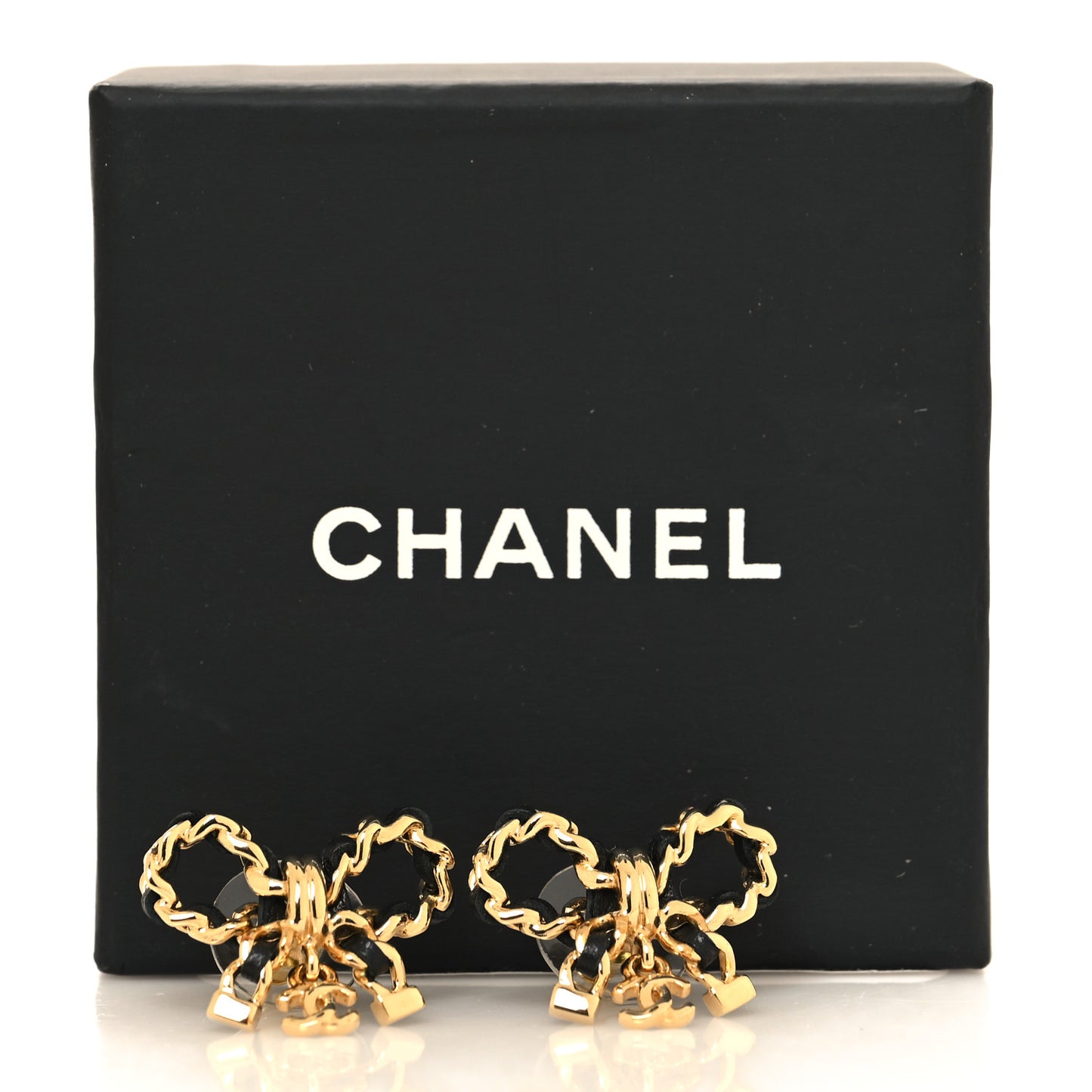 Lambskin Chain Bow Stud Earrings Black Gold