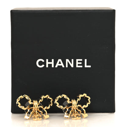 Chanel Lambskin Chain Bow Stud Earrings Black Gold 5 of 5