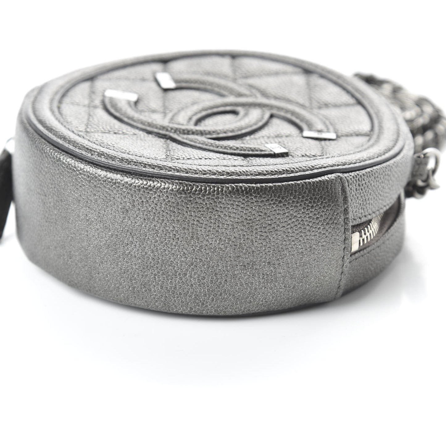 Metallic Caviar Quilted Round Filigree Crossbody Dark Silver