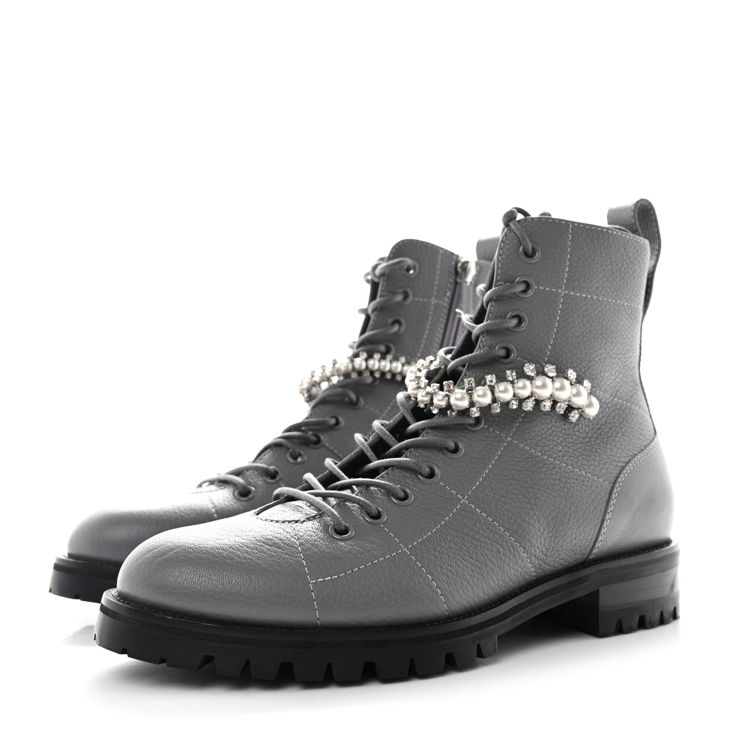 Jimmy Choo Grained Calfskin Crystal Embellished Cruz Combat Boots 37 Grey 3 of 7