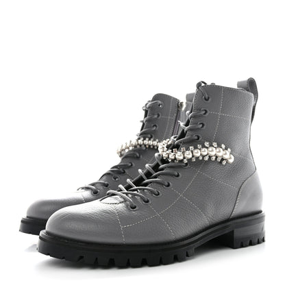 Jimmy Choo Grained Calfskin Crystal Embellished Cruz Combat Boots 37 Grey 3 of 7