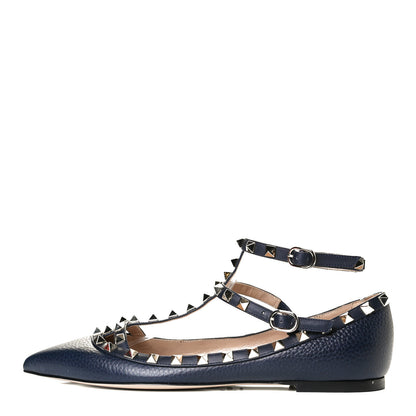 Valentino Garavani Pebbled Calfskin Rockstud Cage Ballerina Flats 39 Dark Blue 1 of 4