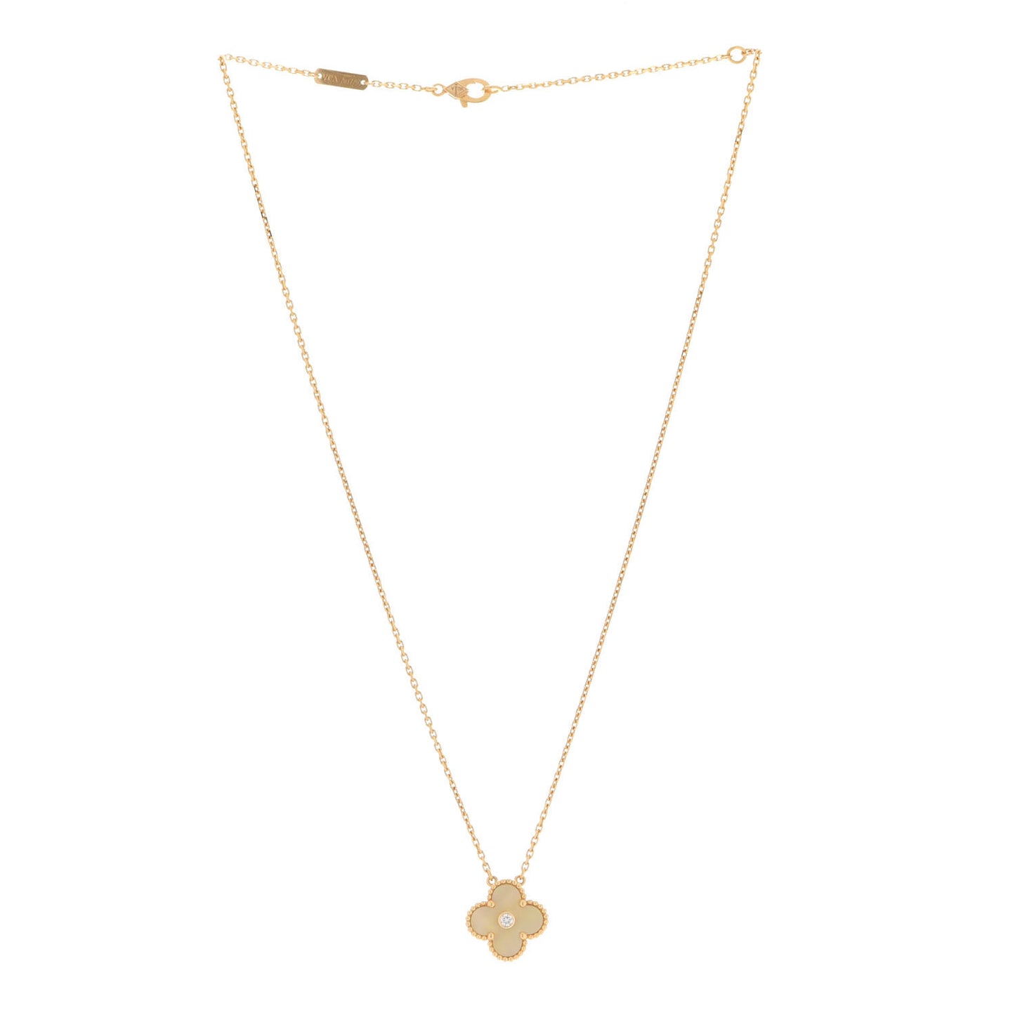 18K Yellow Gold Diamond Yellow Mother of Pearl Vintage Alhambra Pendant Necklace