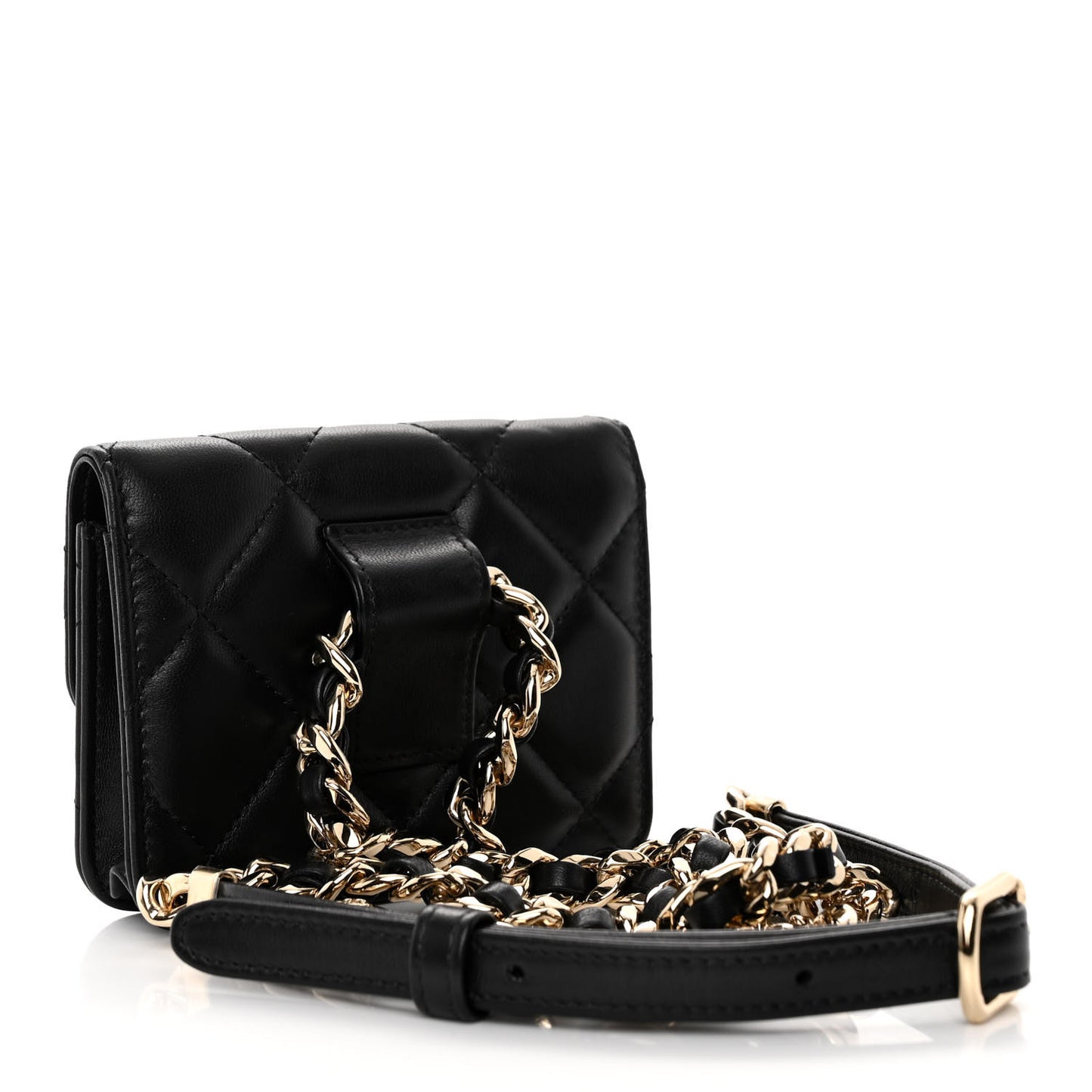 Lambskin Quilted Flap Chain Belt Bag Black