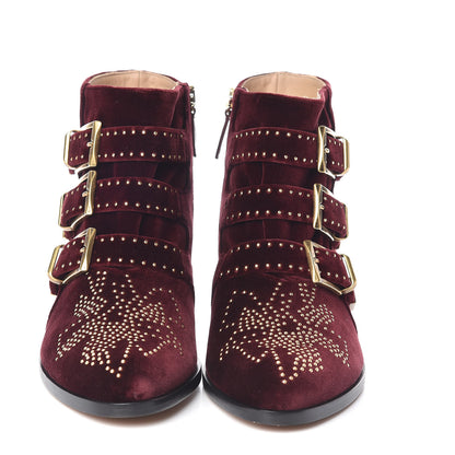 Chloe Velvet Studded Susanna Ankle Boots 37.5 Bordeaux 3 of 9