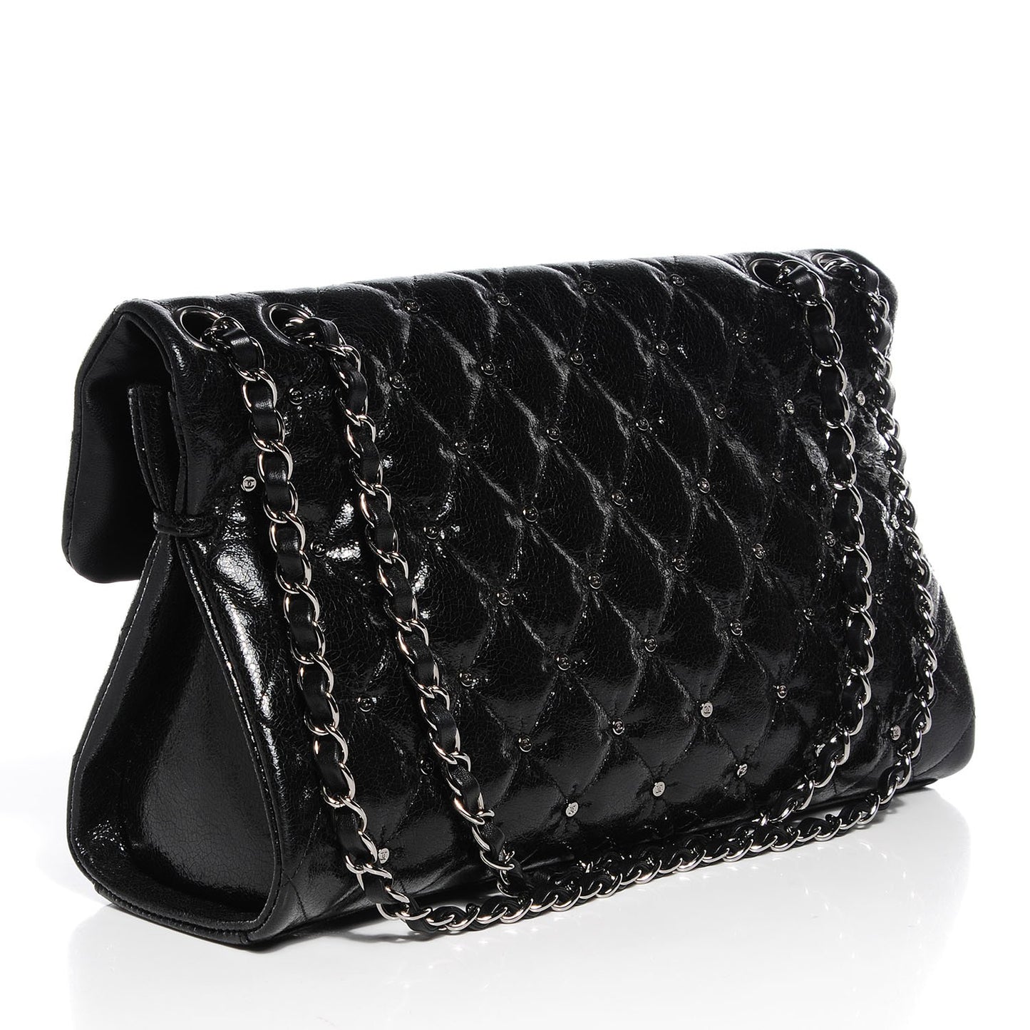 Glazed Crackled Calfskin Studded Mademoiselle Flap Black