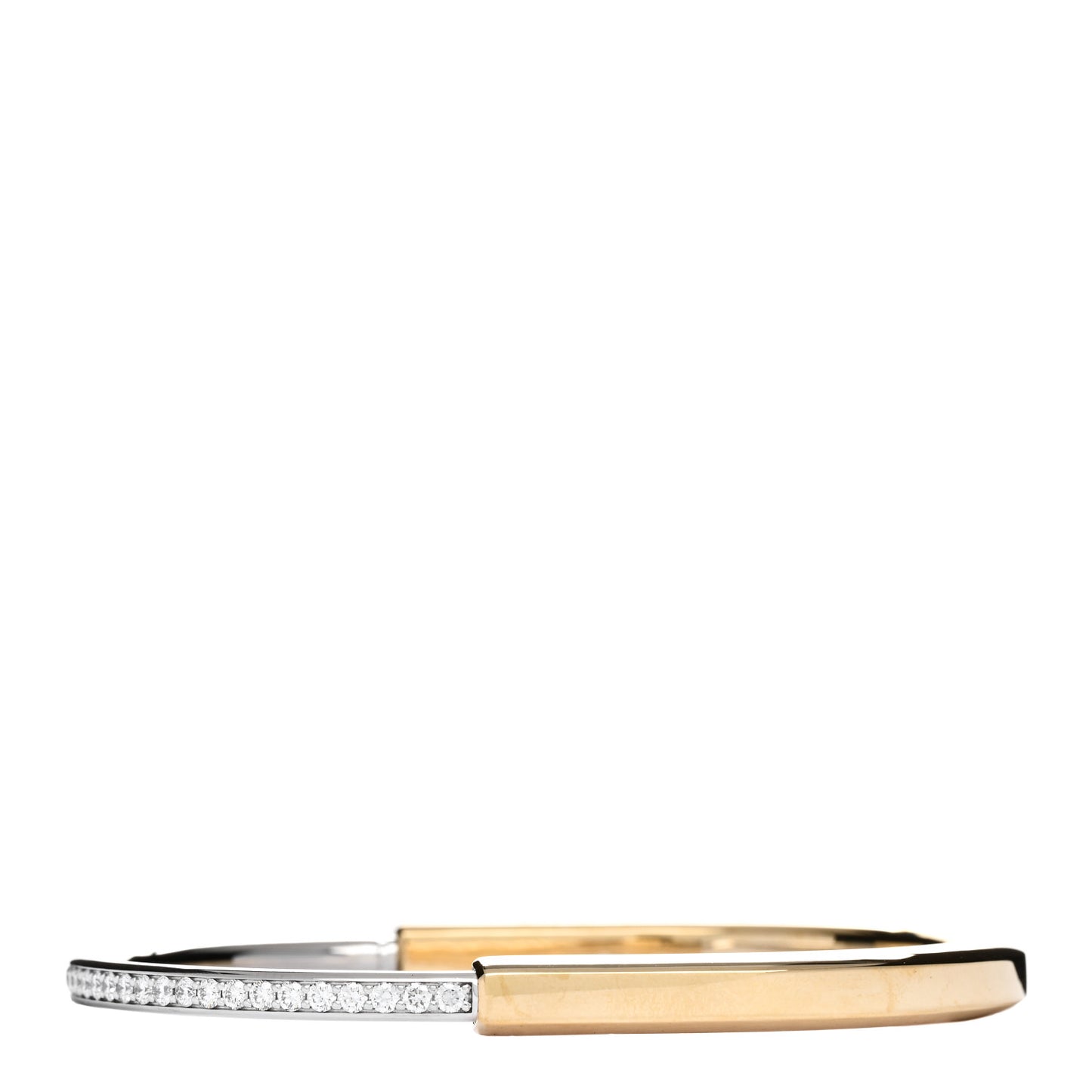 18K Yellow White Gold Diamond Tiffany Lock Half Pave Bangle Bracelet