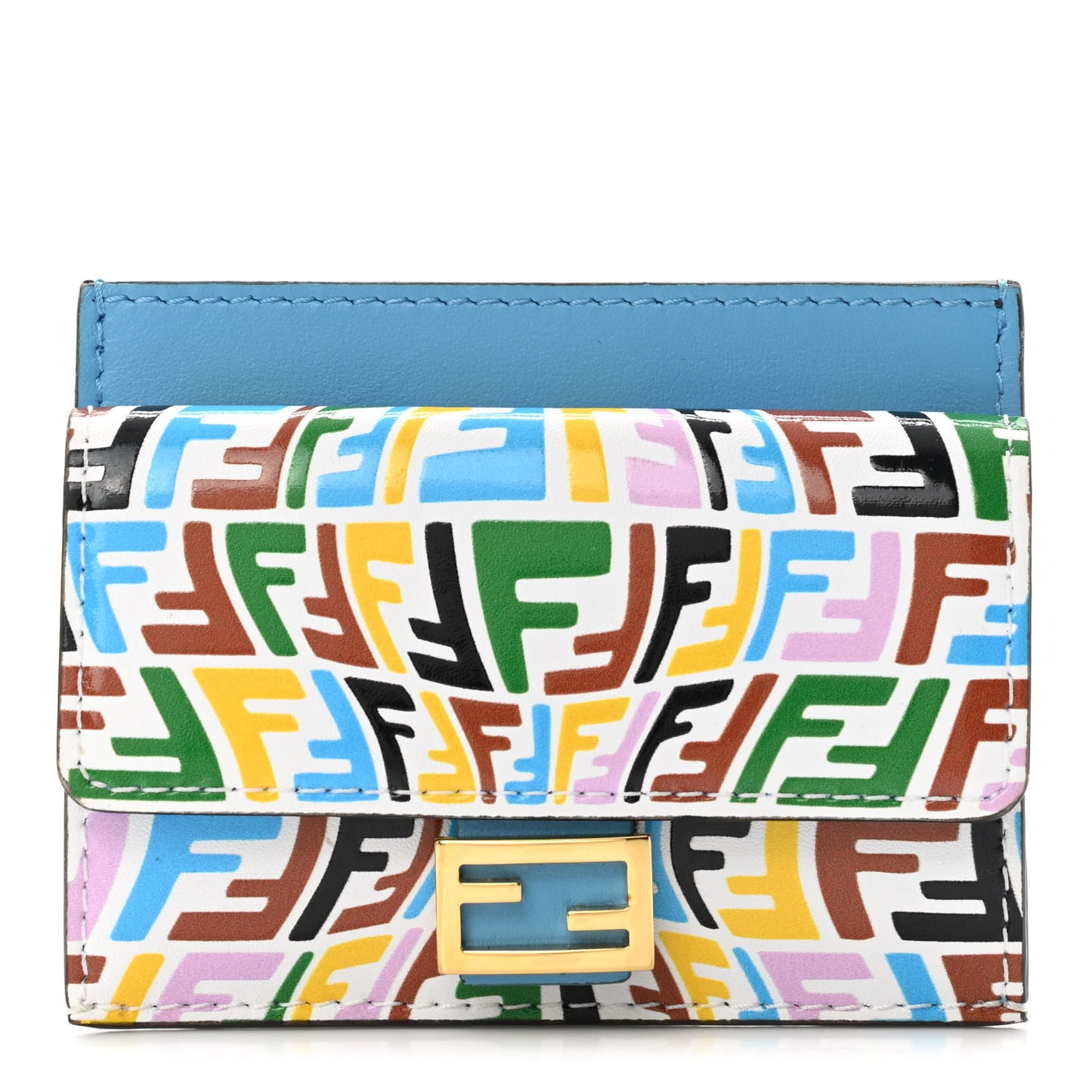 X SARAH COLEMAN Vitello Liberty Ceylon Micro FF Fish Eye Embossed Fold Over Card Holder Wallet Multicolor Cyber Blue