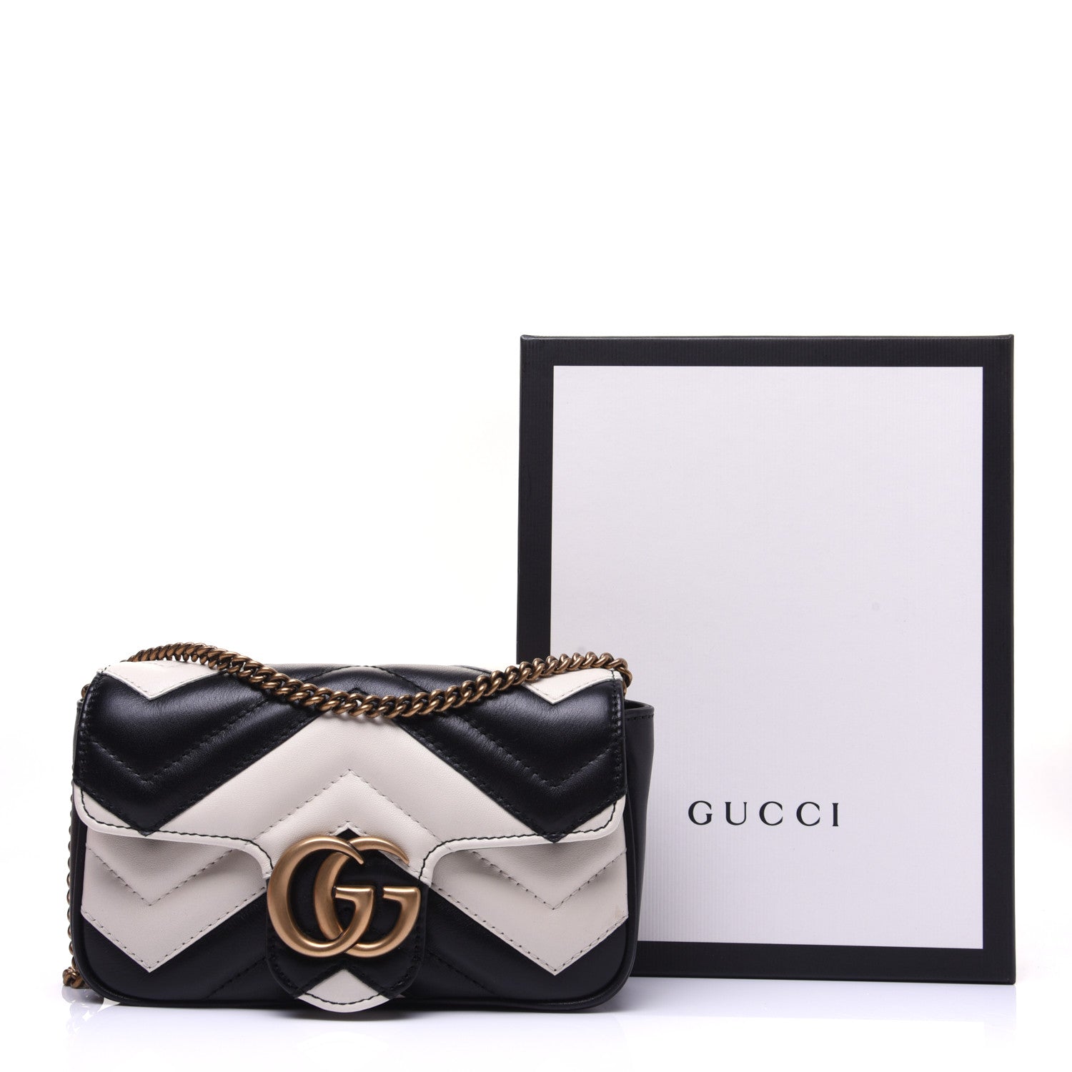 Gucci Calfskin Matelasse Super Mini GG Marmont Shoulder Bag Black White 13 of 13
