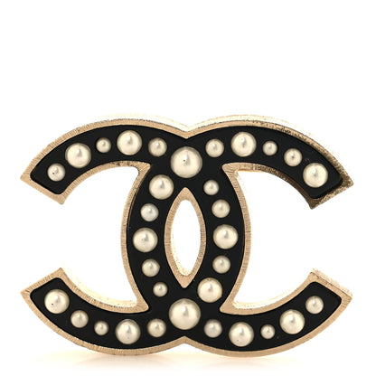 Chanel Pearl Enamel CC Brooch Black Gold 1 of 3