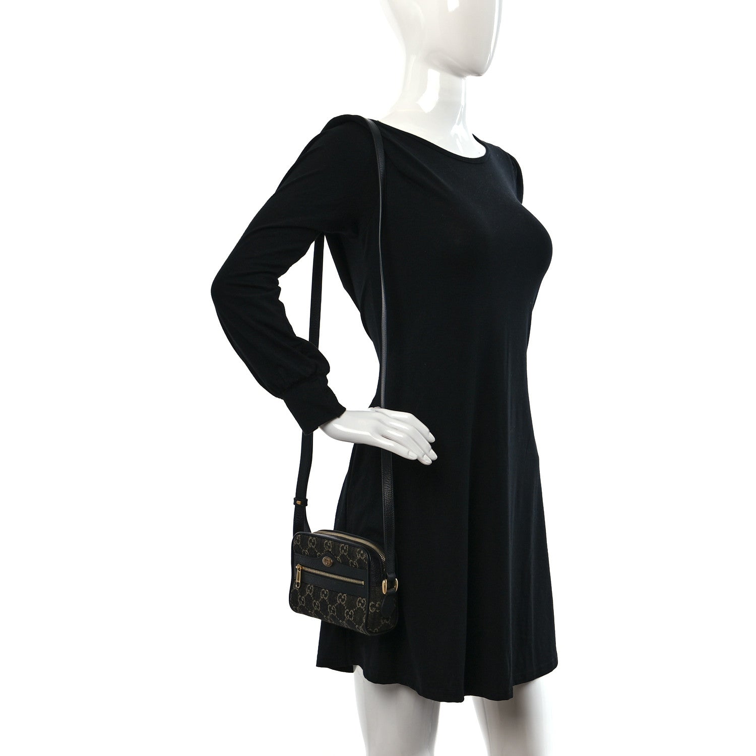 Gucci Jacquard Black Denim GG Monogram Textured Dollar Calfskin Mini Ophidia Shoulder Bag Black Ivory 2 of 9