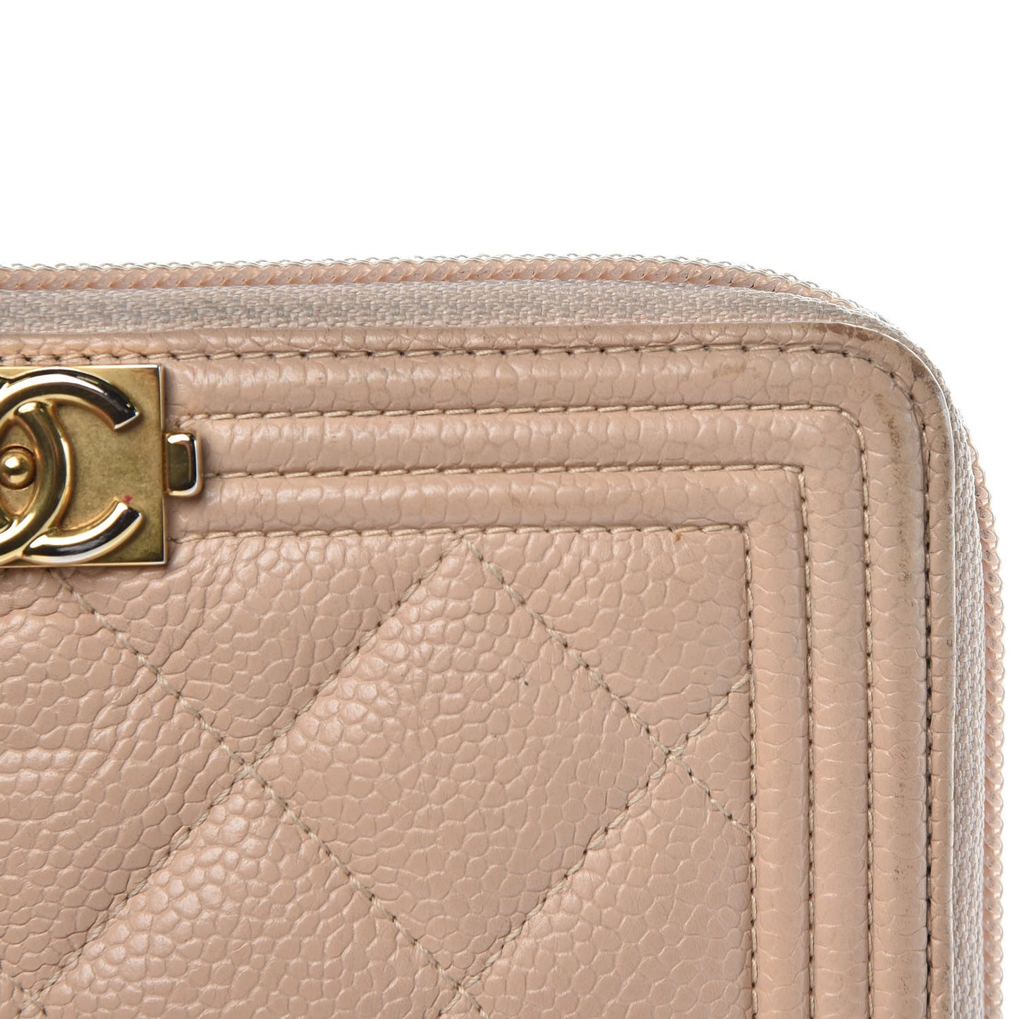 Caviar Quilted Small Boy Zip Around Wallet Beige