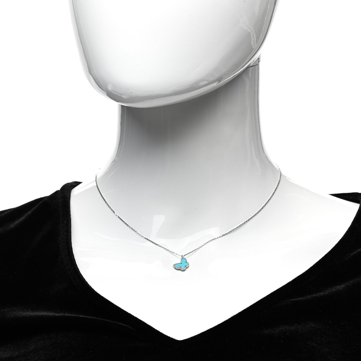18K White Gold Turquoise Sweet Alhambra Butterfly Pendant Necklace