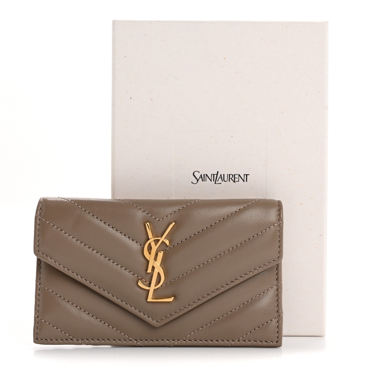 Saint Laurent Calfskin Matelasse Chevron Monogram Fragments Zippered Card Case Greyish Brown 7 of 7
