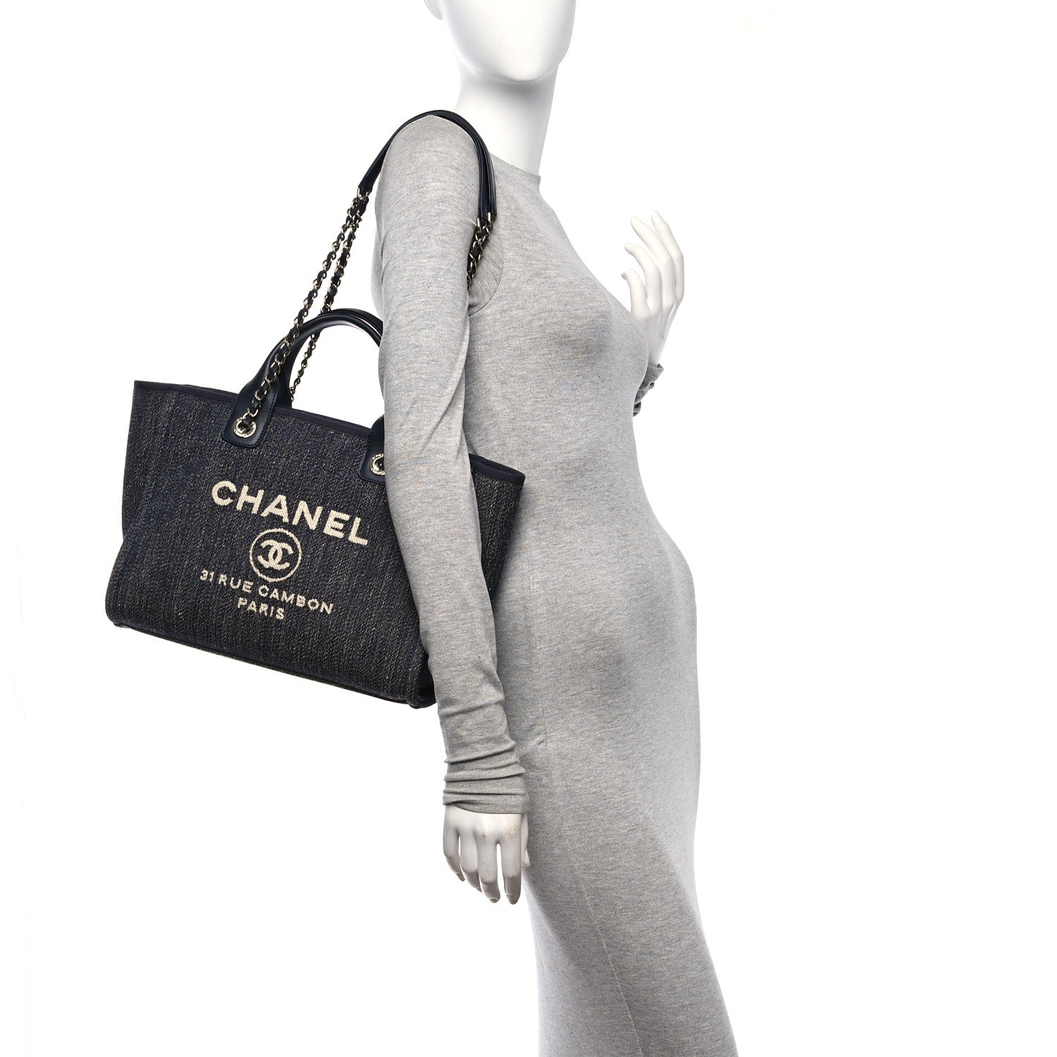 Chanel Denim Small Deauville Tote Dark Blue White 3 of 11