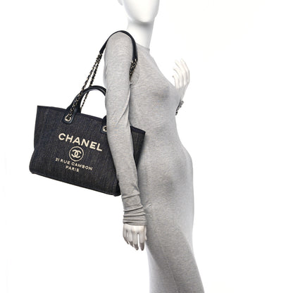 Chanel Denim Small Deauville Tote Dark Blue White 3 of 11