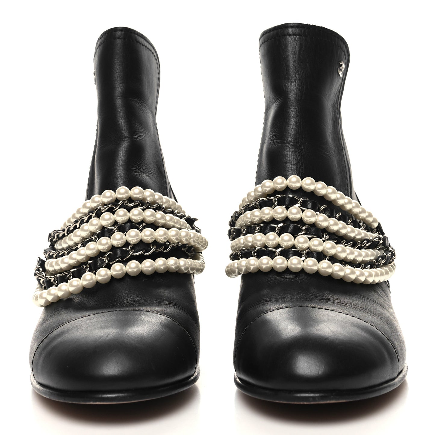 Calfskin Pearl Cap Toe Short Boots 39 Black