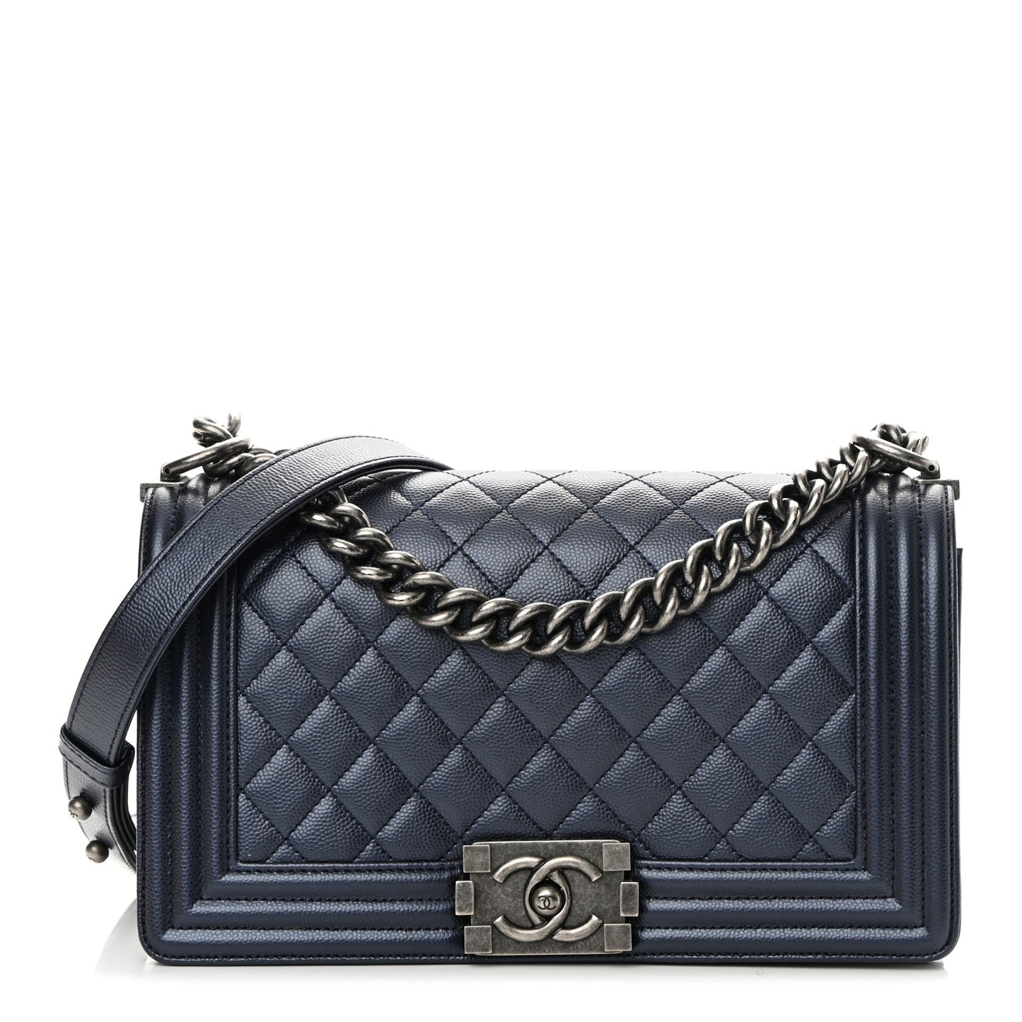 Metallic Caviar Quilted Medium Boy Flap Navy