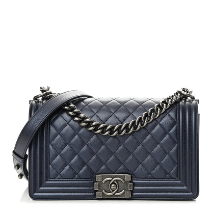 Chanel Metallic Caviar Quilted Medium Boy Flap Navy 1 of 12