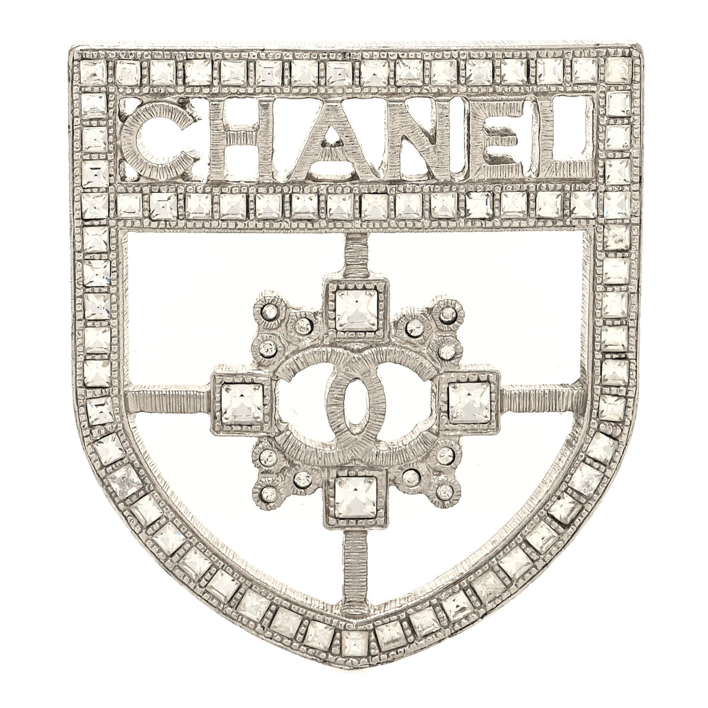 Swarovski Baguette Crystal CC Shield Brooch Silver