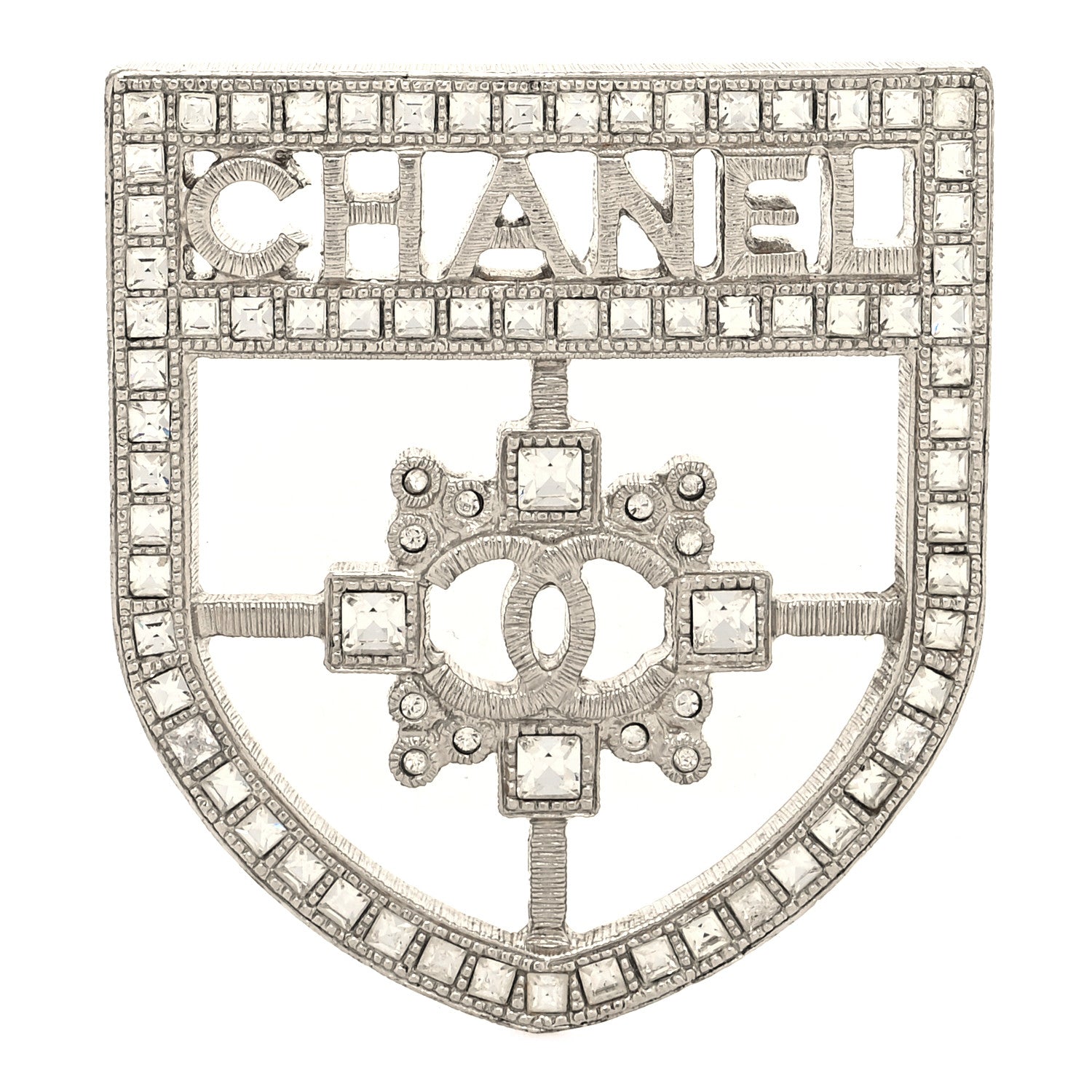 Chanel Swarovski Baguette Crystal CC Shield Brooch Silver 1 of 3