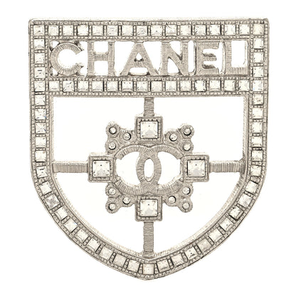 Chanel Swarovski Baguette Crystal CC Shield Brooch Silver 1 of 3
