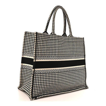 Christian Dior Canvas Houndstooth Embroidered Large Book Tote Black White 3 of 10