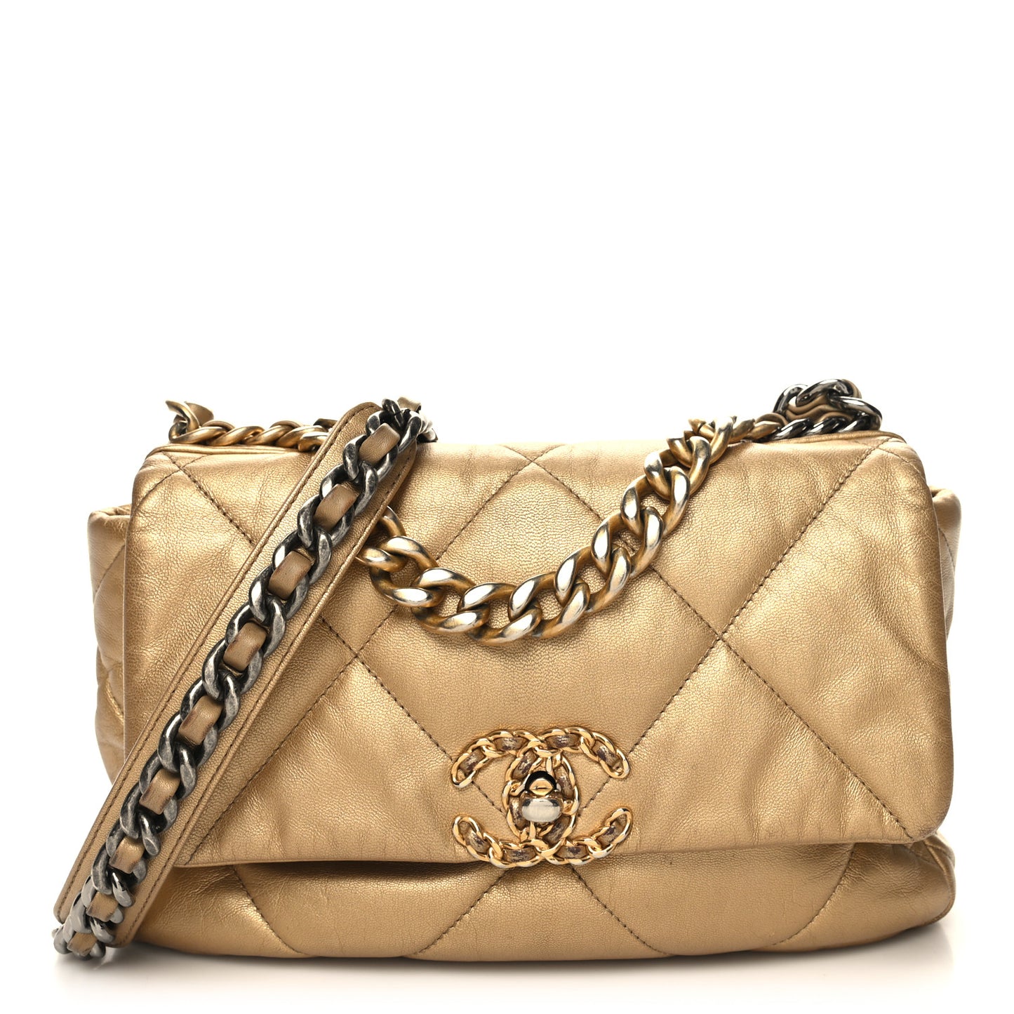Metallic Lambskin Quilted Medium Chanel 19 Flap Gold