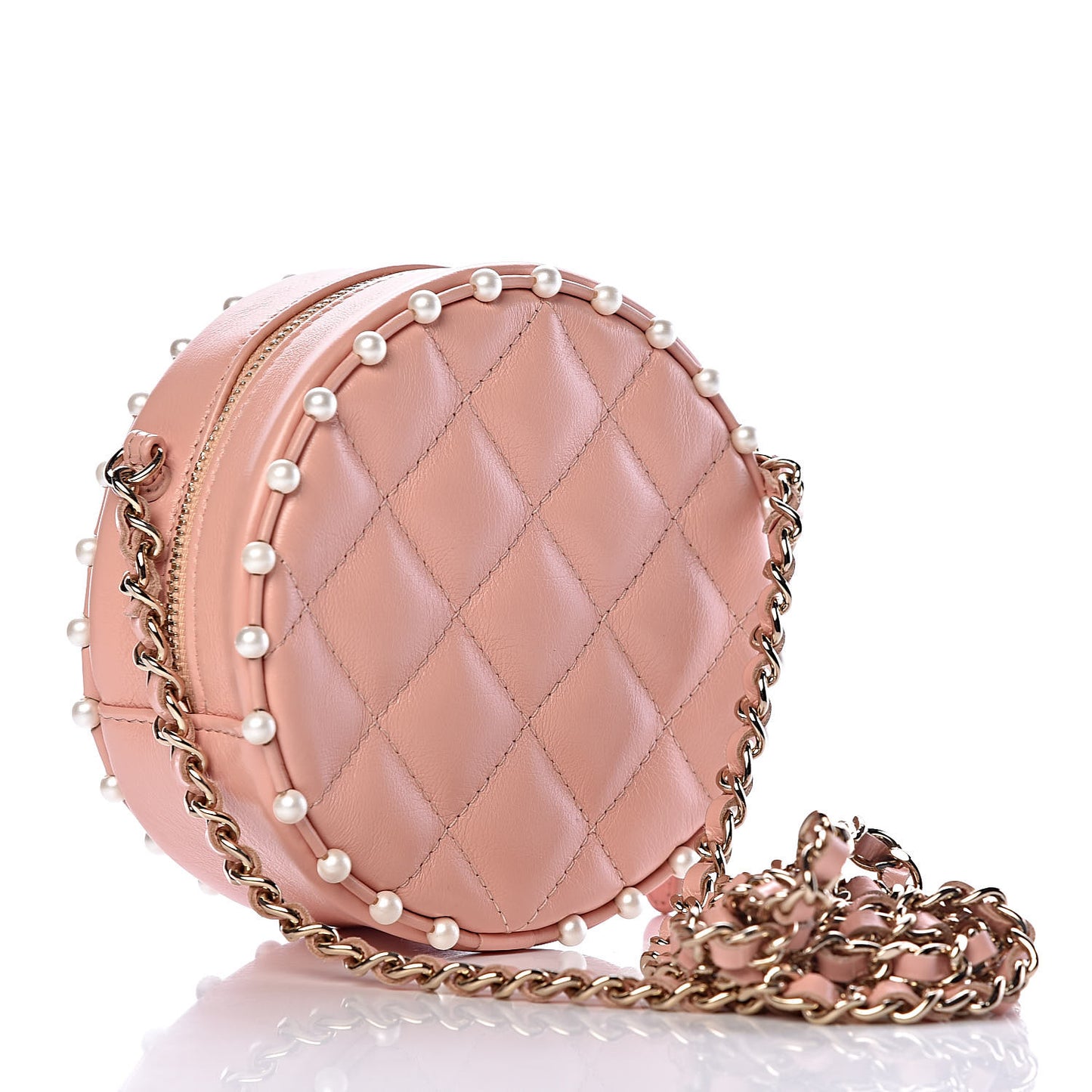 Calfskin Quilted Pearl Round Clutch With Chain Pink