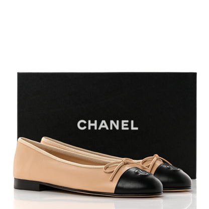 Chanel Lambskin Cap Toe CC Ballerina Flats 36 Beige Black 9 of 9