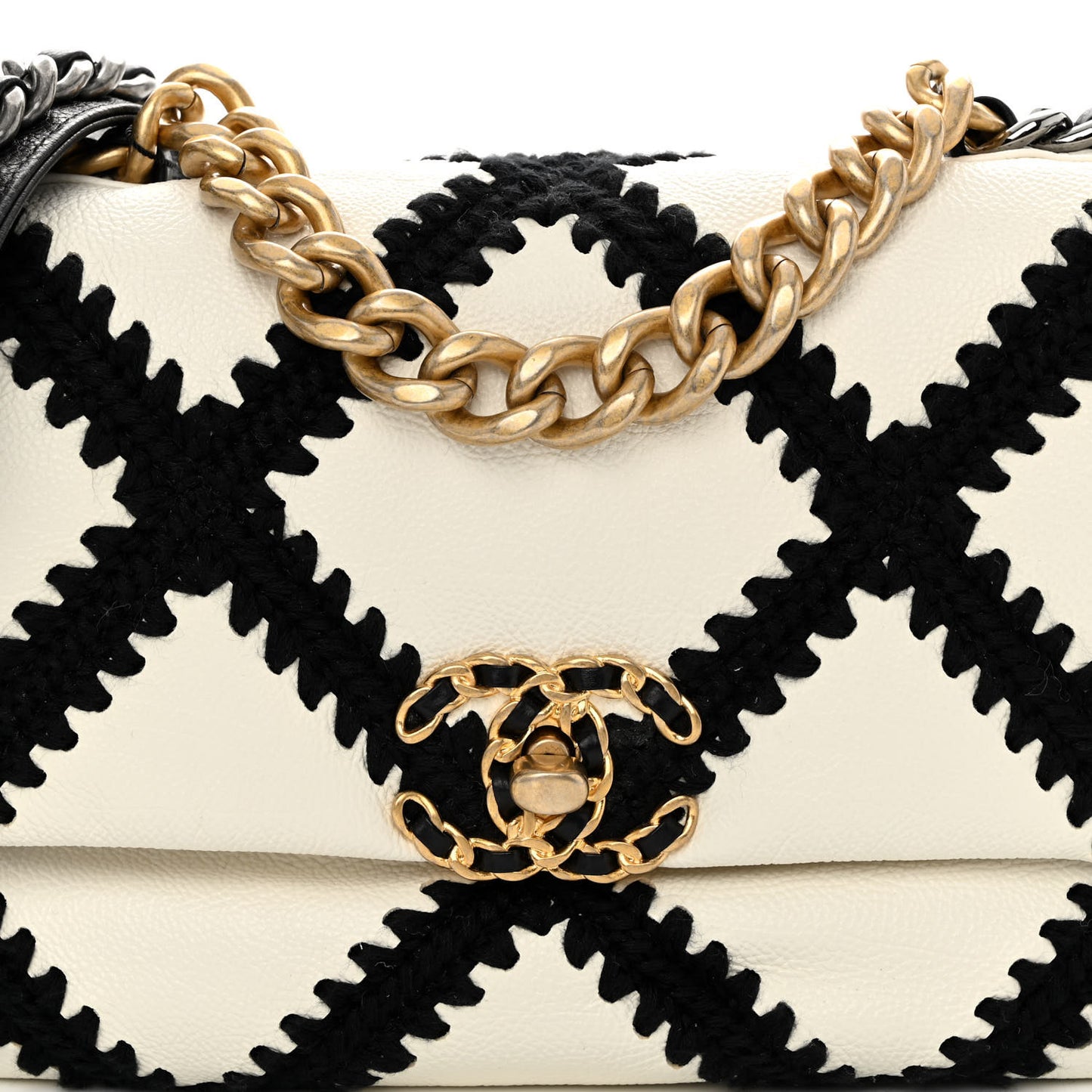 Calfskin Crochet Medium Chanel 19 Flap White Black